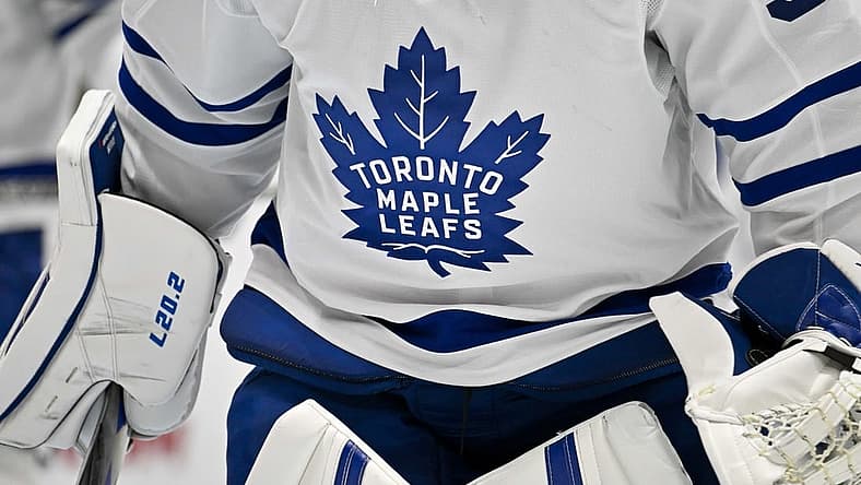 Dec 6, 2022; Dallas, Texas, USA; A view of the Toronto Maple Leafs logo during the game between the Dallas Stars and the Toronto Maple Leafs at American Airlines Center. Mandatory Credit: Jerome Miron-USA TODAY Sports