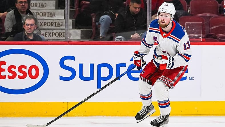 Mar 9, 2023; Montreal, Quebec, CAN; New York Rangers left wing Alexis Lafreniere (13) against the Montreal Canadiens during the third period at Bell Centre. Mandatory Credit: David Kirouac-USA TODAY Sports