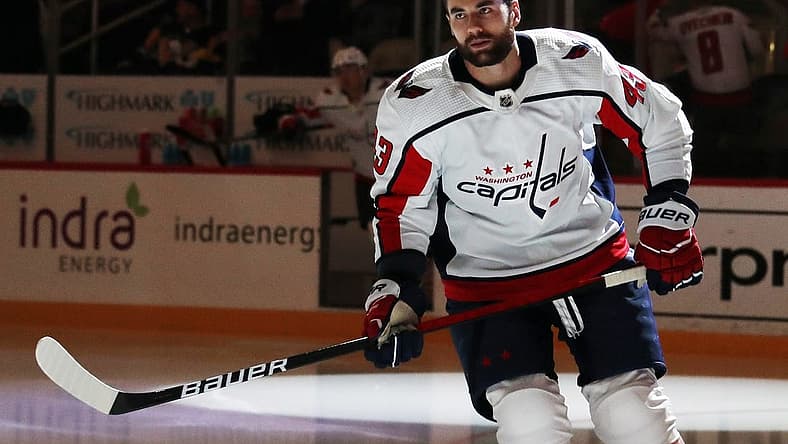 Mar 25, 2023; Pittsburgh, Pennsylvania, USA; Washington Capitals right wing Tom Wilson (43) takes the ice to warm up before the game against the Pittsburgh Penguins at PPG Paints Arena. Mandatory Credit: Charles LeClaire-USA TODAY Sports