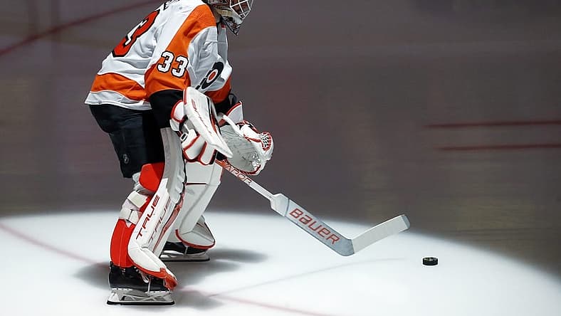 Apr 2, 2023; Pittsburgh, Pennsylvania, USA;  Philadelphia Flyers goaltender Samuel Ersson (33) takes the ice to warm up before the game against the Pittsburgh Penguins at PPG Paints Arena. Mandatory Credit: Charles LeClaire-USA TODAY Sports