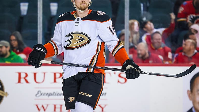 Apr 2, 2023; Calgary, Alberta, CAN; Anaheim Ducks defenseman Simon Benoit (13) against the Calgary Flames during the second period at Scotiabank Saddledome. Mandatory Credit: Sergei Belski-USA TODAY Sports