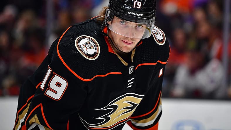 Apr 9, 2023; Anaheim, California, USA; Anaheim Ducks right wing Troy Terry (19) reacts during the second period at Honda Center. Mandatory Credit: Gary A. Vasquez-USA TODAY Sports