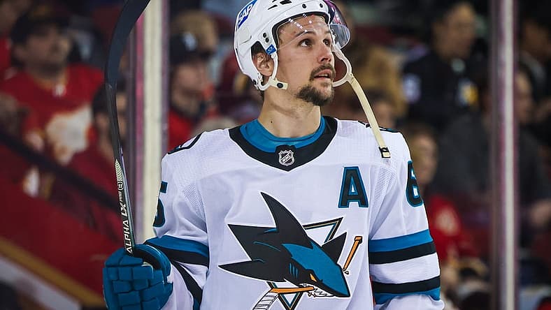 Apr 12, 2023; Calgary, Alberta, CAN; San Jose Sharks defenseman Erik Karlsson (65) during the second period against the Calgary Flames at Scotiabank Saddledome. Mandatory Credit: Sergei Belski-USA TODAY Sports