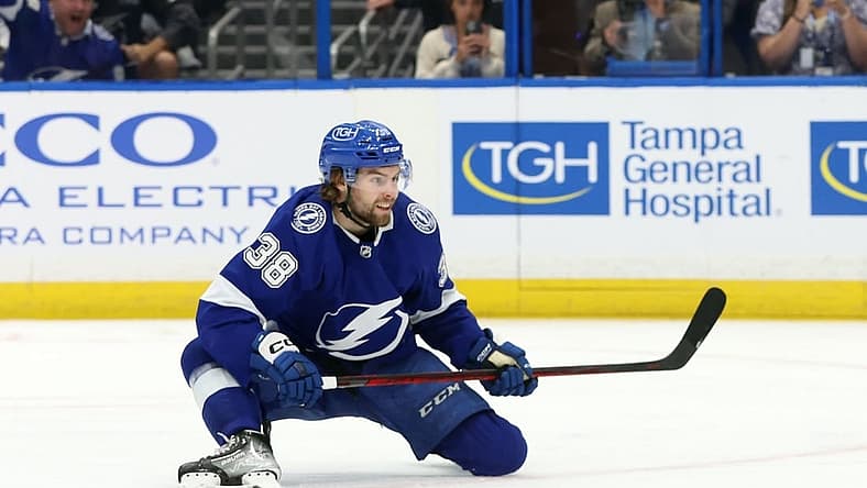 Apr 13, 2023; Tampa, Florida, USA; Tampa Bay Lightning left wing Brandon Hagel (38) scores a goal against the Detroit Red Wings during the third period at Amalie Arena. Mandatory Credit: Kim Klement-USA TODAY Sports