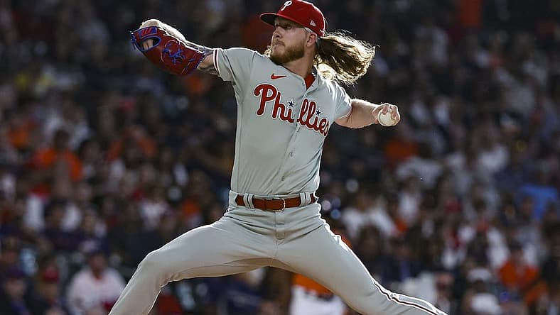 Apr 30, 2023; Houston, Texas, USA; Philadelphia Phillies starting pitcher Bailey Falter (70) delivers a pitch during the first inning against the Houston Astros at Minute Maid Park. Mandatory Credit: Troy Taormina-USA TODAY Sports