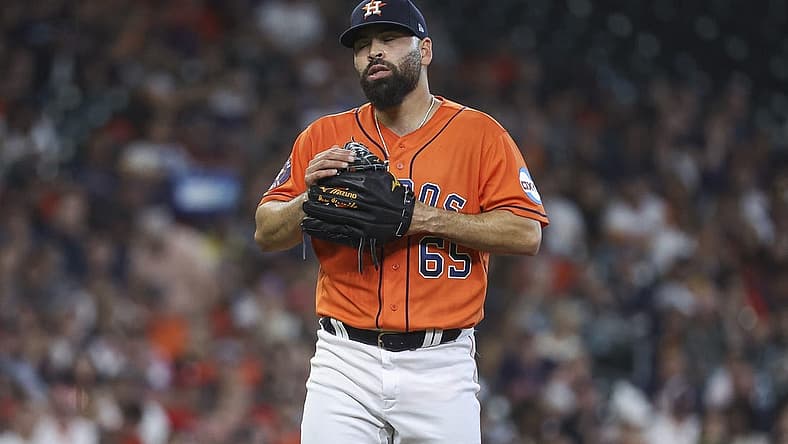 Apr 30, 2023; Houston, Texas, USA; Houston Astros starting pitcher Jose Urquidy (65) reacts during the game against the Philadelphia Phillies at Minute Maid Park. Mandatory Credit: Troy Taormina-USA TODAY Sports