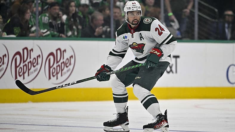 Apr 25, 2023; Dallas, Texas, USA; Minnesota Wild defenseman Matt Dumba (24) in action during the game between the Dallas Stars and the Minnesota Wild in game five of the first round of the 2023 Stanley Cup Playoffs at American Airlines Center. Mandatory Credit: Jerome Miron-USA TODAY Sports