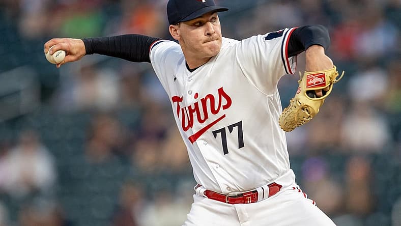 May 22, 2023; Minneapolis, Minnesota, USA; Minnesota Twins starting pitcher Cole Sands (77) delivers a pitch in the eighth inning against the San Francisco Giants at Target Field. Mandatory Credit: Jesse Johnson-USA TODAY Sports