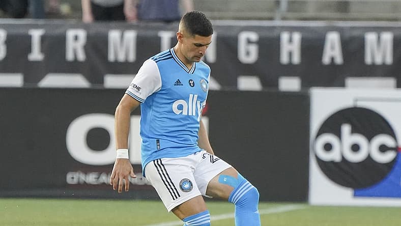 May 24, 2023; Birmingham, AL, USA; Charlotte FC defender Joseph Mora (28) controls the ball against Birmingham Legion FC during the first half at Protective Stadium. Mandatory Credit: Marvin Gentry-USA TODAY Sports