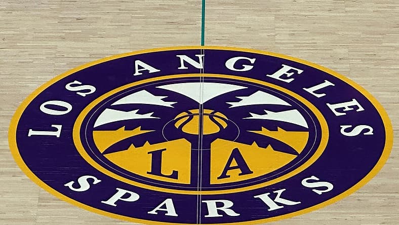 May 25, 2023; Los Angeles, California, USA; A general overall view of the LA Sparks logo at center court at Crypto.com Arena. Mandatory Credit: Kirby Lee-USA TODAY Sports