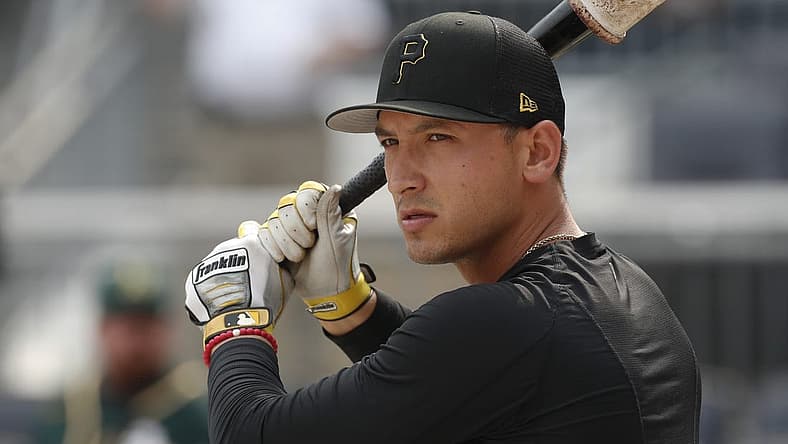 Jun 6, 2023; Pittsburgh, Pennsylvania, USA;  Pittsburgh Pirates infielder Mark Mathias (6) at the batting cage before the game against the Oakland Athletics at PNC Park. Mandatory Credit: Charles LeClaire-USA TODAY Sports