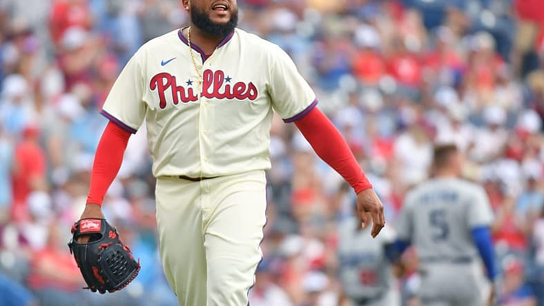 Jun 11, 2023; Philadelphia, Pennsylvania, USA; Philadelphia Phillies relief pitcher Jose Alvarado (46) reacts after a strikeout against the Los Angeles Dodgers to end the eighth inning at Citizens Bank Park. Mandatory Credit: Eric Hartline-USA TODAY Sports
