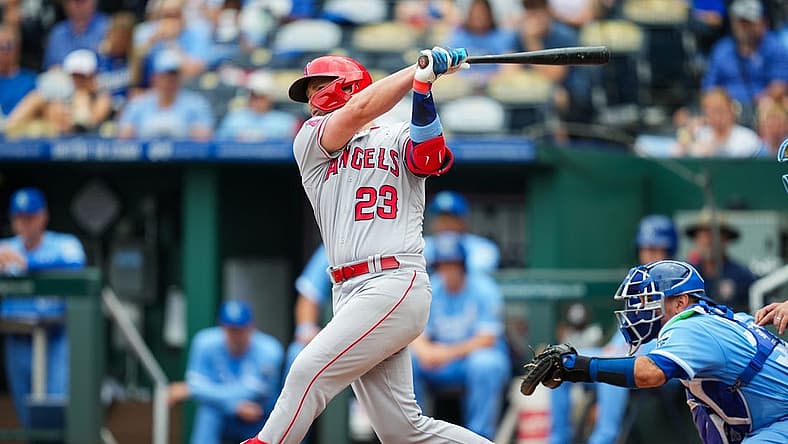 Jun 18, 2023; Kansas City, Missouri, USA; Los Angeles Angels first baseman Brandon Drury (23) hits an RBI single during the second inning against the Kansas City Royals at Kauffman Stadium. Mandatory Credit: Jay Biggerstaff-USA TODAY Sports