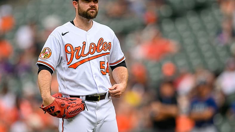 Jun 25, 2023; Baltimore, Maryland, USA; Baltimore Orioles relief pitcher Danny Coulombe (54) looks on during the eighth inning against the Seattle Mariners at Oriole Park at Camden Yards. Mandatory Credit: Reggie Hildred-USA TODAY Sports