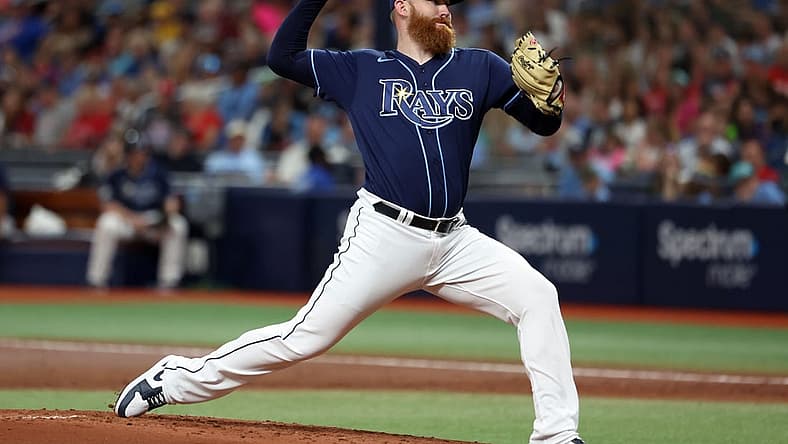 Jul 5, 2023; St. Petersburg, Florida, USA; Tampa Bay Rays starting pitcher Zack Littell (52) throws a pitch against the Philadelphia Phillies during the second inning at Tropicana Field. Mandatory Credit: Kim Klement-USA TODAY Sports