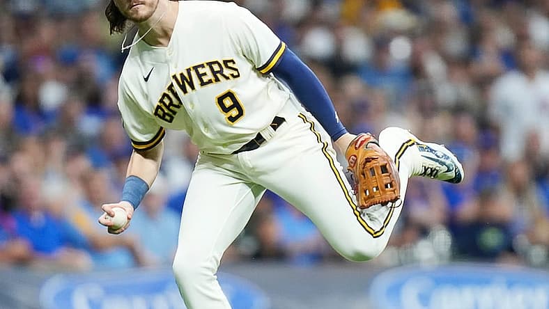 Milwaukee Brewers third baseman Brian Anderson (9) catches the ground ball from Chicago Cubs center fielder Cody Bellinger (24) during the second inning on Wednesday July 5, 2023 at American Family Field in Milwaukee, Wis.