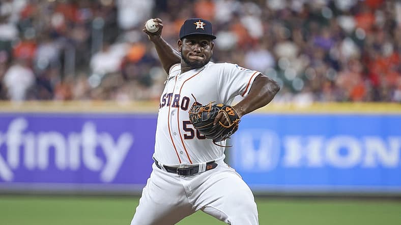 Jul 6, 2023; Houston, Texas, USA; Houston Astros starting pitcher Ronel Blanco (56) delivers a pitch during the third inning against the Seattle Mariners at Minute Maid Park. Mandatory Credit: Troy Taormina-USA TODAY Sports