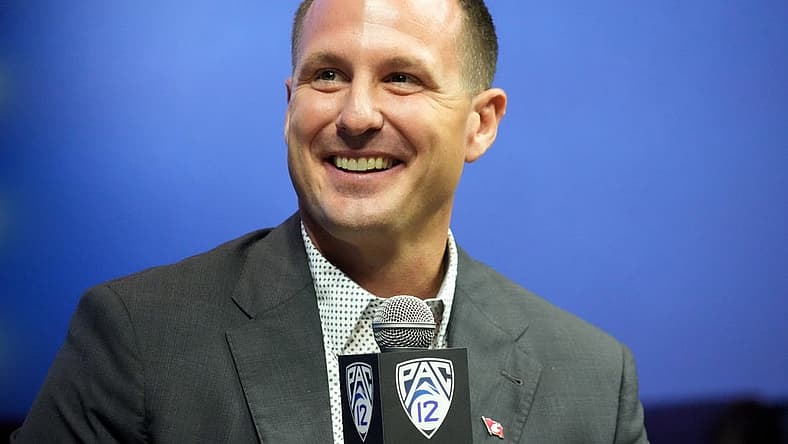 Jul 21, 2023; Las Vegas, NV, USA; Washington State Cougars coach Jake Dickert speaks during Pac-12 Media Day at Resorts World Las Vegas. tMandatory Credit: Kirby Lee-USA TODAY Sports