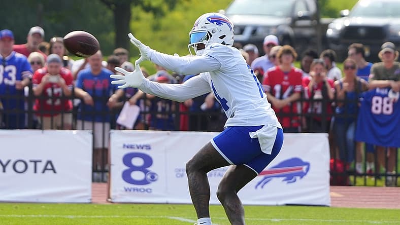 Jul 26, 2023; Rochester, NY, USA; Buffalo Bills wide receiver Stefon Diggs (14) makes a catch during training camp at St. John Fisher College. Mandatory Credit: Gregory Fisher-USA TODAY Sports