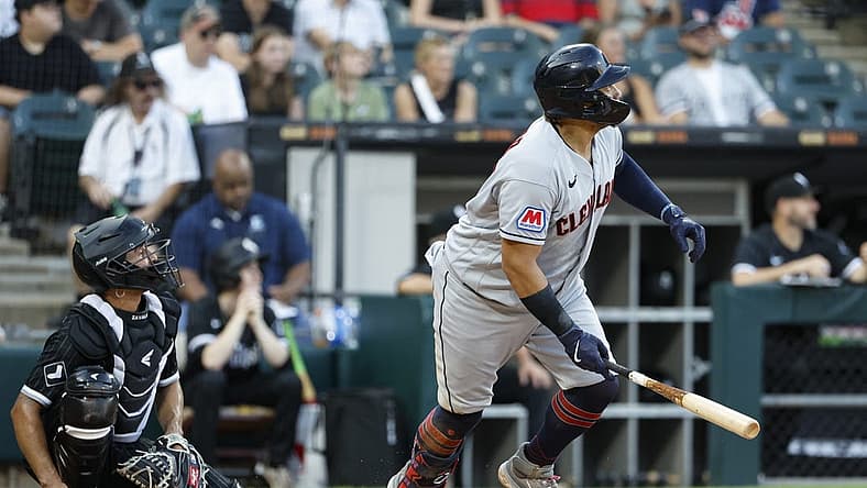 Jul 28, 2023; Chicago, Illinois, USA; Cleveland Guardians first baseman Josh Naylor (22) watches his single against the Chicago White Sox during the fourth inning at Guaranteed Rate Field. Mandatory Credit: Kamil Krzaczynski-USA TODAY Sports