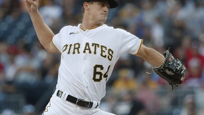 Jul 29, 2023; Pittsburgh, Pennsylvania, USA; .Pittsburgh Pirates starting pitcher Quinn Priester (64) delivers a pitch against the Philadelphia Phillies during the first inning at PNC Park. Mandatory Credit: Charles LeClaire-USA TODAY Sports