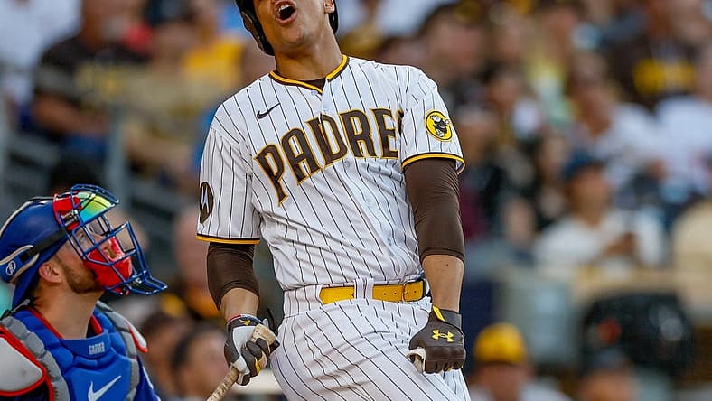 Jul 29, 2023; San Diego, California, USA;  San Diego Padres left fielder Juan Soto (22) reacts after flying out to left field during the fifth inning against the Texas Rangers at Petco Park. Mandatory Credit: David Frerker-USA TODAY Sports