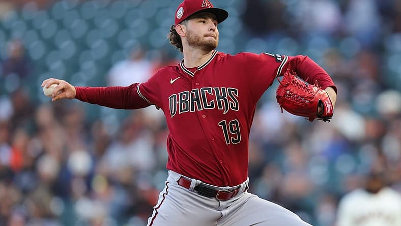 Jul 31, 2023; San Francisco, California, USA; Arizona Diamondbacks starting pitcher Ryne Nelson (19) throws a pitch during the first inning against the San Francisco Giants at Oracle Park. Mandatory Credit: Sergio Estrada-USA TODAY Sports