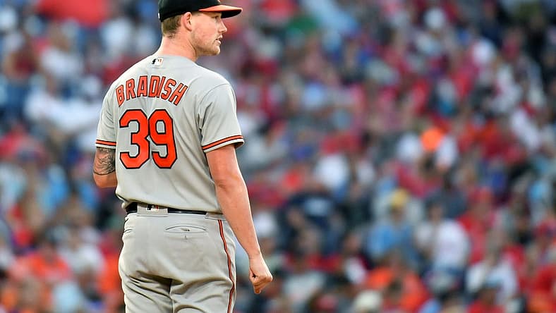 Jul 26, 2023; Philadelphia, Pennsylvania, USA; Baltimore Orioles starting pitcher Kyle Bradish (39) against the Philadelphia Phillies at Citizens Bank Park. Mandatory Credit: Eric Hartline-USA TODAY Sports