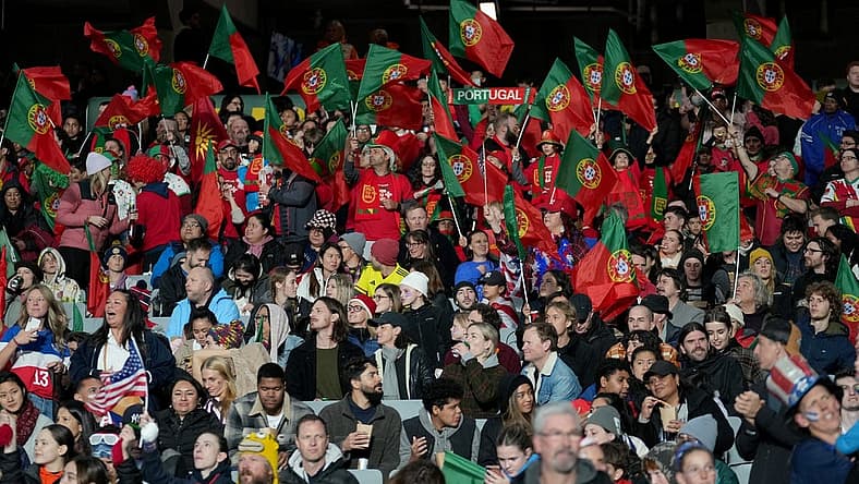 Aug 1, 2023; Auckland, NZL; Portugal fans before a group stage match against the United States during the 2023 FIFA Women's World Cup at Eden Park. Mandatory Credit: Jenna Watson-USA TODAY Sports