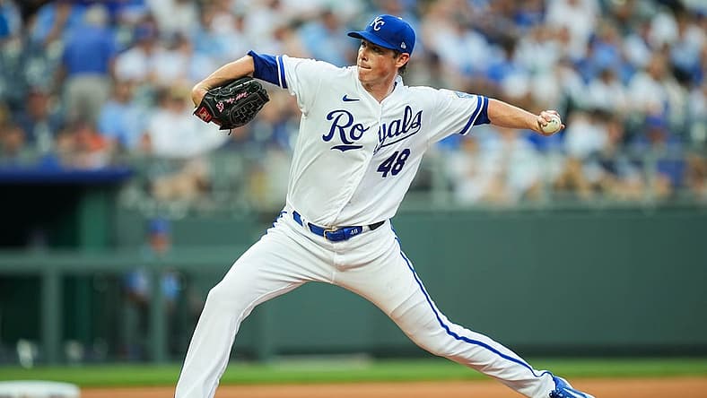 Jul 19, 2023; Kansas City, Missouri, USA; Kansas City Royals starting pitcher Ryan Yarbrough (48) pitches during the first inning against the Detroit Tigers at Kauffman Stadium. Mandatory Credit: Jay Biggerstaff-USA TODAY Sports