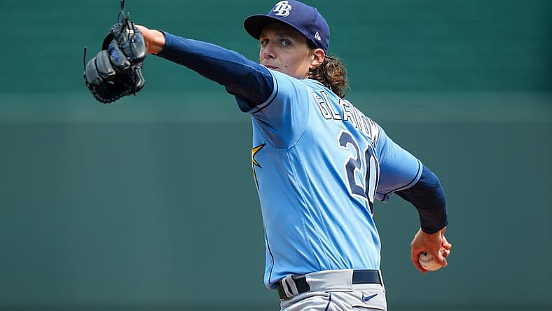 Jul 15, 2023; Kansas City, Missouri, USA; Tampa Bay Rays starting pitcher Tyler Glasnow (20) warms up during the first inning against the Kansas City Royals at Kauffman Stadium. Mandatory Credit: Jay Biggerstaff-USA TODAY Sports