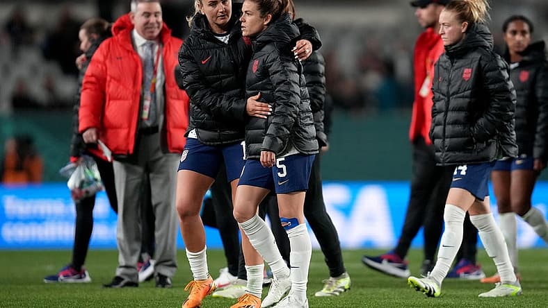 Aug 1, 2023; Auckland, NZL; United States midfielder Lindsey Horan (10) and defender Kelley O'Hara (5) after a group stage match against Portugal during the 2023 FIFA Women's World Cup at Eden Park. Mandatory Credit: Jenna Watson-USA TODAY Sports
