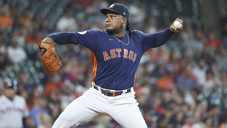 Aug 1, 2023; Houston, Texas, USA; Houston Astros starting pitcher Framber Valdez (59) delivers a pitch during the first inning against the Cleveland Guardians at Minute Maid Park. Mandatory Credit: Troy Taormina-USA TODAY Sports