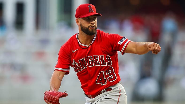 Aug 1, 2023; Atlanta, Georgia, USA; Los Angeles Angels starting pitcher Patrick Sandoval (43) throws against the Atlanta Braves in the second inning at Truist Park. Mandatory Credit: Brett Davis-USA TODAY Sports