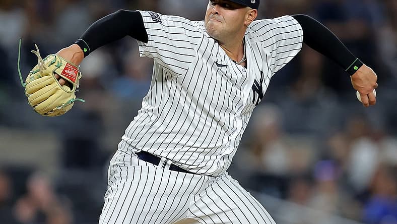 Aug 1, 2023; Bronx, New York, USA; New York Yankees relief pitcher Nick Ramirez (63) pitches against the Tampa Bay Rays during the ninth inning at Yankee Stadium. Mandatory Credit: Brad Penner-USA TODAY Sports
