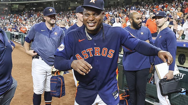 Aug 1, 2023; Houston, Texas, USA; Houston Astros starting pitcher Framber Valdez (59) celebrates after pitching a no-hitter against the Cleveland Guardians at Minute Maid Park. Mandatory Credit: Troy Taormina-USA TODAY Sports