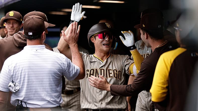 Aug 2, 2023; Denver, Colorado, USA; San Diego Padres third baseman Ha-Seong Kim (7) celebrates his solo home run in the first inning against the Colorado Rockies at Coors Field. Mandatory Credit: Isaiah J. Downing-USA TODAY Sports