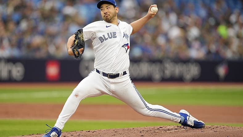Aug 2, 2023; Toronto, Ontario, CAN; Toronto Blue Jays starting pitcher Yusei Kikuchi (16) pitches to the Baltimore Orioles during the second inning at Rogers Centre. Mandatory Credit: John E. Sokolowski-USA TODAY Sports