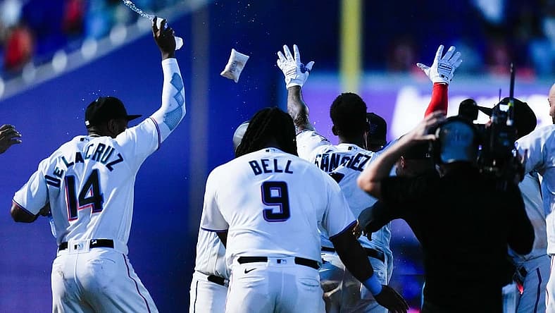 Aug 2, 2023; Miami, Florida, USA; Miami Marlins celebrates after defeating the Philadelphia Phillies during the twelfth inning at loanDepot Park. Mandatory Credit: Rich Storry-USA TODAY Sports