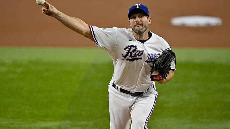 Aug 3, 2023; Arlington, Texas, USA; Texas Rangers starting pitcher Max Scherzer (31) pitches against the Chicago White Sox during the first inning at Globe Life Field. Mandatory Credit: Jerome Miron-USA TODAY Sports