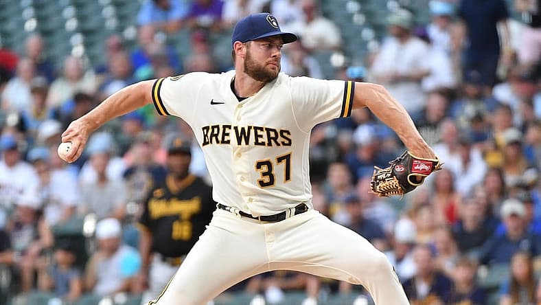 Aug 3, 2023; Milwaukee, Wisconsin, USA; Milwaukee Brewers starting pitcher Adrian Houser (37) delivers a pitch in the first inning against the Pittsburgh Pirates at American Family Field. Mandatory Credit: Michael McLoone-USA TODAY Sports