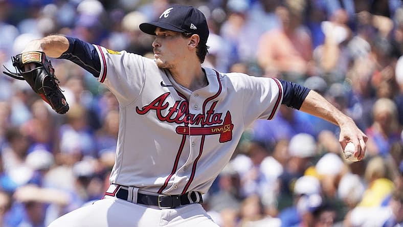 Aug 4, 2023; Chicago, Illinois, USA; Atlanta Braves starting pitcher Max Fried (54) throws the ball against the Chicago Cubs during the first inning at Wrigley Field. Mandatory Credit: David Banks-USA TODAY Sports