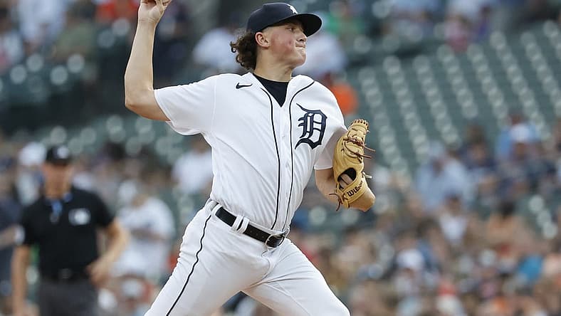 Aug 4, 2023; Detroit, Michigan, USA; Detroit Tigers starting pitcher Reese Olson (45) pitches in the first inning against the Tampa Bay Rays at Comerica Park. Mandatory Credit: Rick Osentoski-USA TODAY Sports