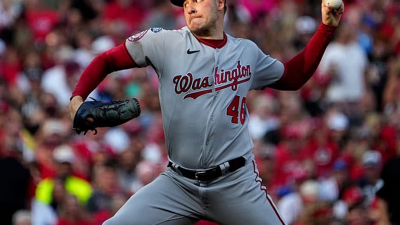 Aug 4, 2023; Cincinnati, Ohio, USA; Washington Nationals starting pitcher Patrick Corbin (46) throws against the Cincinnati Reds during the third inning at Great American Ball Park. Mandatory Credit: Kareem Elgazzar-The Cincinnati Enquirer-USA TODAY Sports