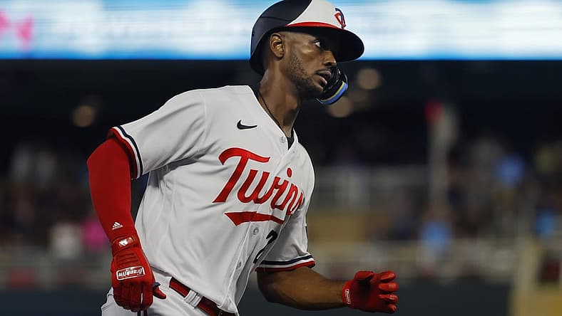 Aug 4, 2023; Minneapolis, Minnesota, USA; Minnesota Twins center fielder Michael A. Taylor (2) runs the bases on his solo home run against the Arizona Diamondbacks in the seventh inning at Target Field. Mandatory Credit: Bruce Kluckhohn-USA TODAY Sports
