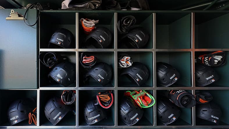 Jul 26, 2023; San Francisco, California, USA;A general view of the San Francisco Giants batting helmets before the game against the Oakland Athletics at Oracle Park. Mandatory Credit: Sergio Estrada-USA TODAY Sports