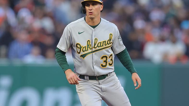 Jul 26, 2023; San Francisco, California, USA; Oakland Athletics left fielder JJ Bleday (33) during the game against the San Francisco Giants at Oracle Park. Mandatory Credit: Sergio Estrada-USA TODAY Sports