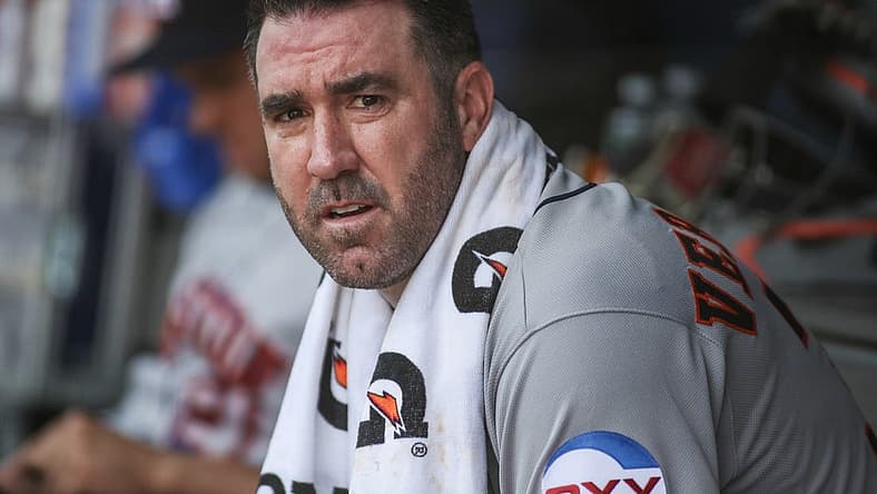 Aug 5, 2023; Bronx, New York, USA; Houston Astros starting pitcher Justin Verlander (35) sits in the dugout in the sixth inning against the New York Yankees at Yankee Stadium. Mandatory Credit: Wendell Cruz-USA TODAY Sports