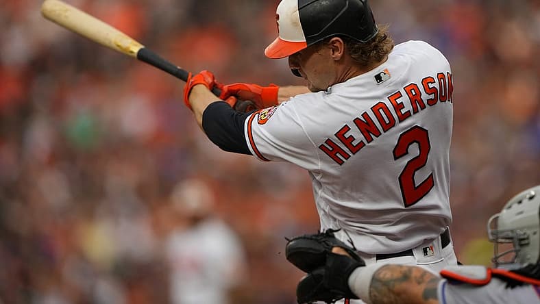 Aug 5, 2023; Baltimore, Maryland, USA; Baltimore Orioles third baseman Gunnar Henderson (2) hits a two run home run against the New York Mets during the first inning at Oriole Park at Camden Yards. Mandatory Credit: Gregory Fisher-USA TODAY Sports