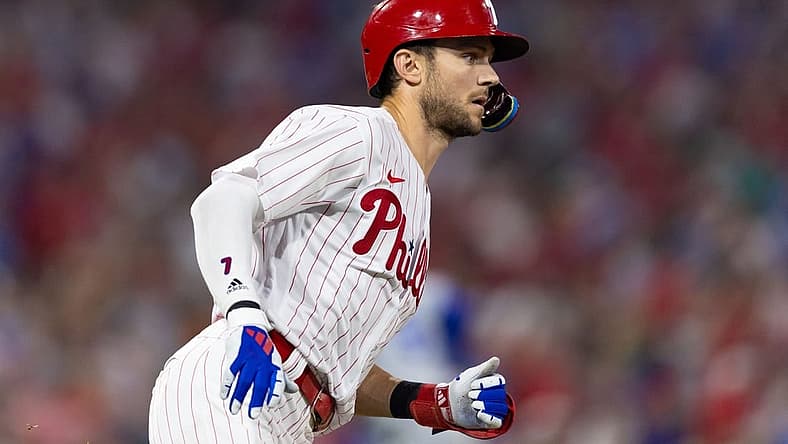 Aug 5, 2023; Philadelphia, Pennsylvania, USA; Philadelphia Phillies shortstop Trea Turner (7) runs the bases after hitting an RBI double during the eighth inning against the Kansas City Royals at Citizens Bank Park. Mandatory Credit: Bill Streicher-USA TODAY Sports